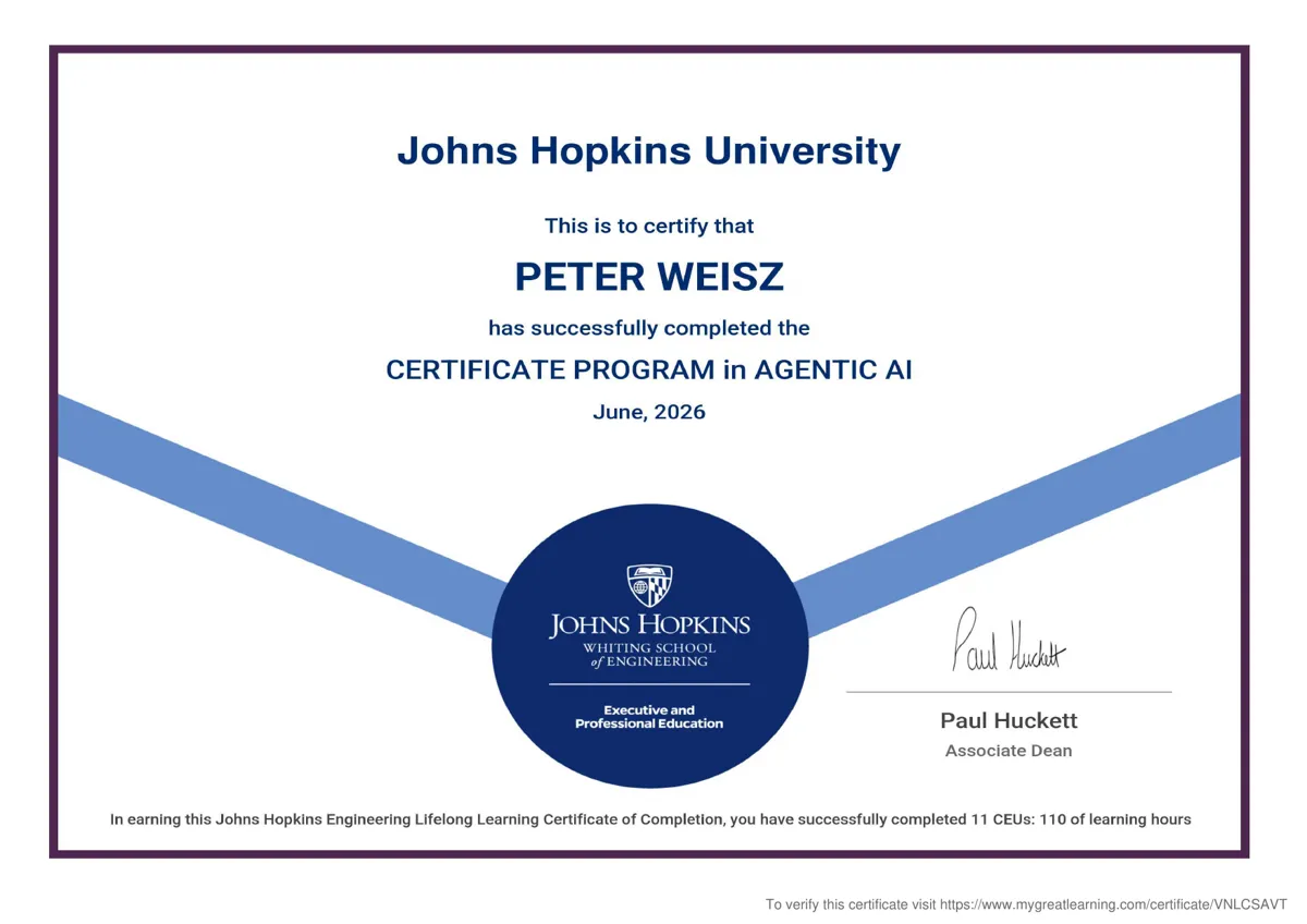 Johns Hopkins University, Certificate Program in Agentic AI, Peter Weisz, Juni 2026